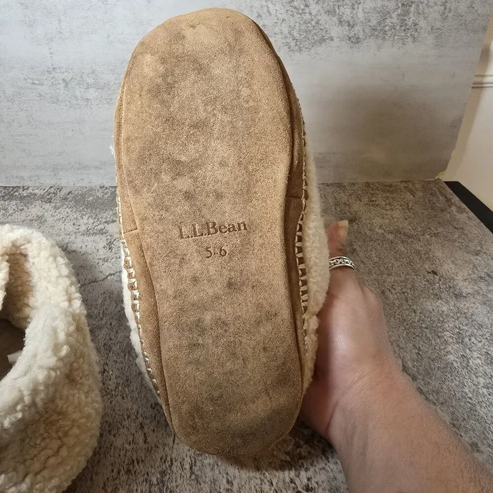 LL Bean Cozy Slippers Cream Pile Fleece Sherpa Comfort Booties Kids Sz 5-6